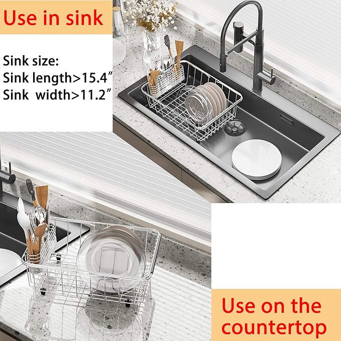 Stainless Steel Dish Drying Rack(15.2"L X 11"W X 5.3"H), Expandable Fruit & Vegetable Drain Rack over Sink, Dish Drainer Rack in Sink, with Stainless Steel Utensil Holder & Silicone Mat(16")