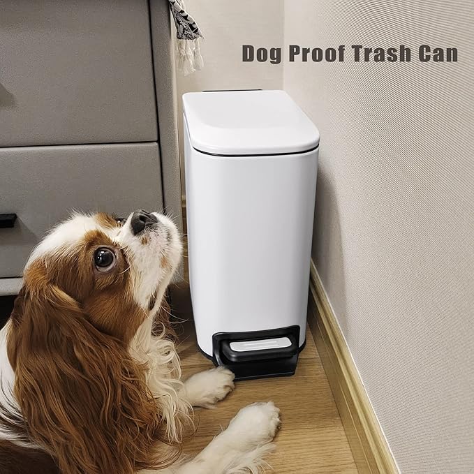 Cesun Small Bathroom Trash Can with Lid Soft Close, Step Pedal, 6 Liter / 1.6 Gallon Stainless Steel Slim Garbage Can for Bedroom, Diaper Waste Basket with Removable Inner Bucket (White)