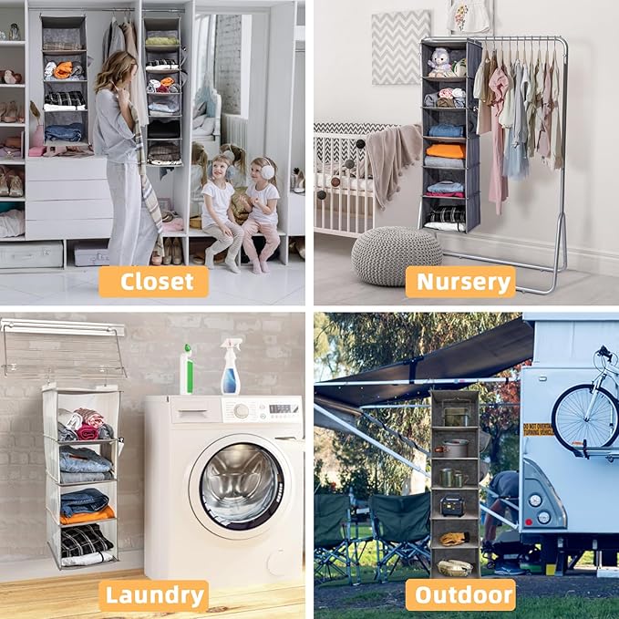 2 Packs Hanging Closet Organizer, 4-Shelf Closet Organizers and Storage with Side Pockets, Collapsible Hanging Shelves for Closet & RV & College Dorm,Beige