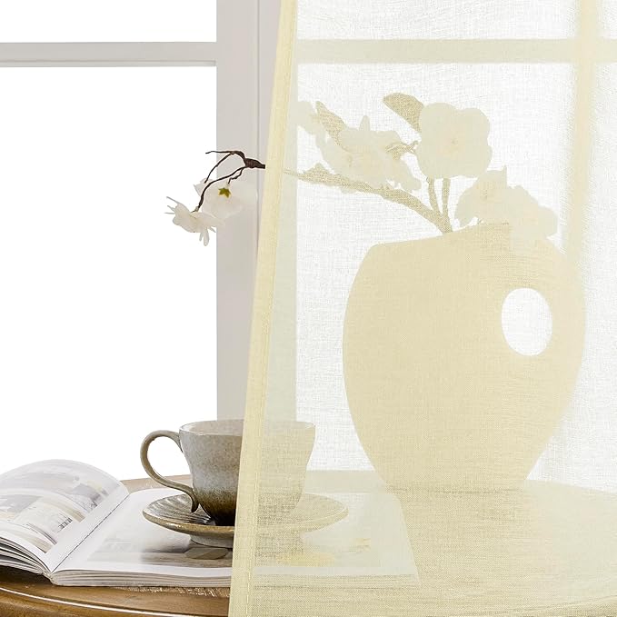 Tollpiz Short Sheer Door Curtains Closet Linen Textured Curtains Sheer Doorway Light Filtering Voile Patio Door Rod Pocket Curtain French Door, 54 x 40 inches Long, Transparent Yellow, Set of 1 Panel