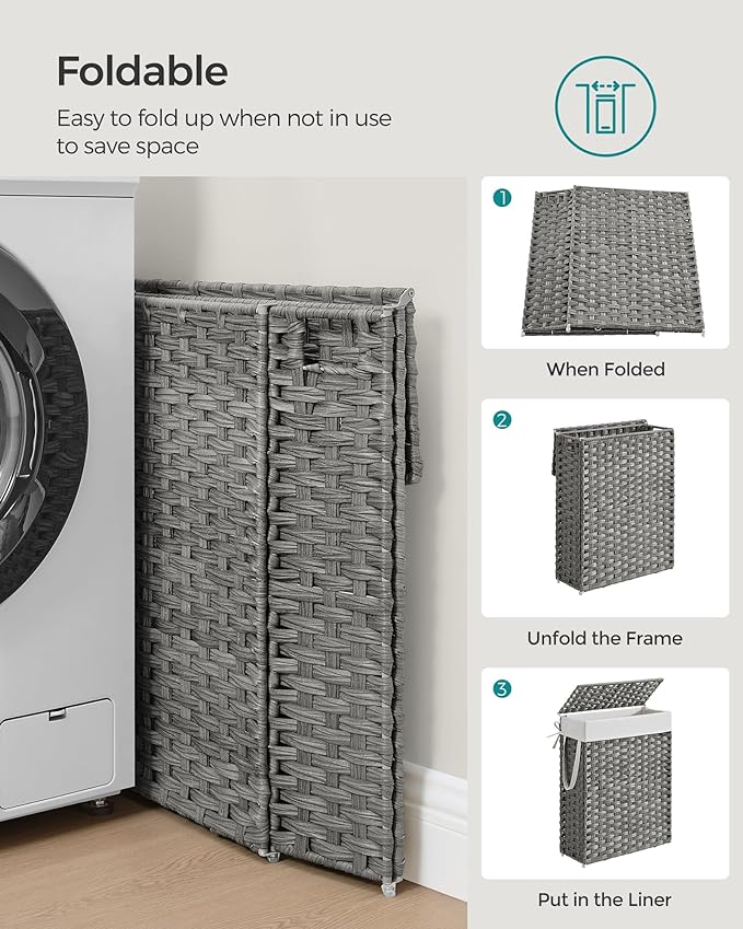 SONGMICS Slim Laundry Hamper with Lid, 14.5 Gallon (55L) Rattan Clothes Laundry Basket with Lid and Handles, Foldable, Removable Liner, Dove Gray ULCB164G01