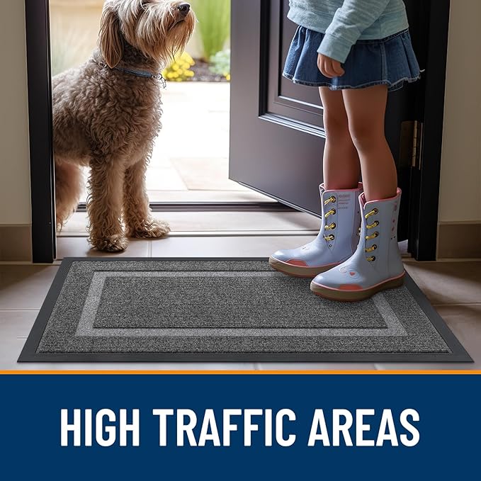OLANLY Front Door Mat Indoor Outdoor Entrance, Waterproof All-Season, All-Weather Doormat, Sturdy Natural Rubber, Fade Resistant, Low Profile, Easy Clean Patio Porch Entryway Mat, 59x23, Dark Grey