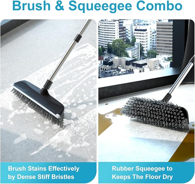 ITTAR Scrub Brush with Long Handle, 10" Wide Stiff Bristles Deck Brush, Heavy-Duty Floor Cleaning Brush, 2-in-1 Scrubber Squeegee Broom for Cleaning Patio, Pool, Kitchen, Garage, Bathroom Floor-Black