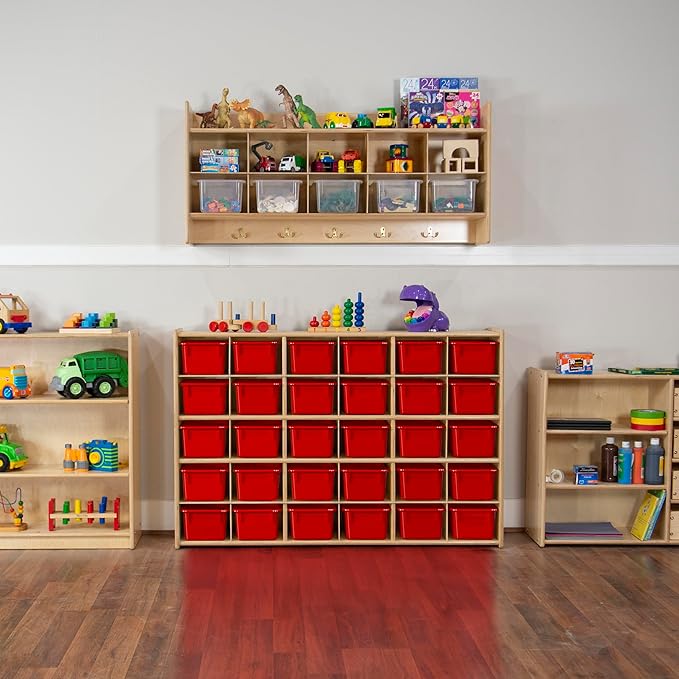 Wood Designs Cubby Storage Bin, Heavy Duty Plastic Containers for Kids Red Cubby Tray Set of 25