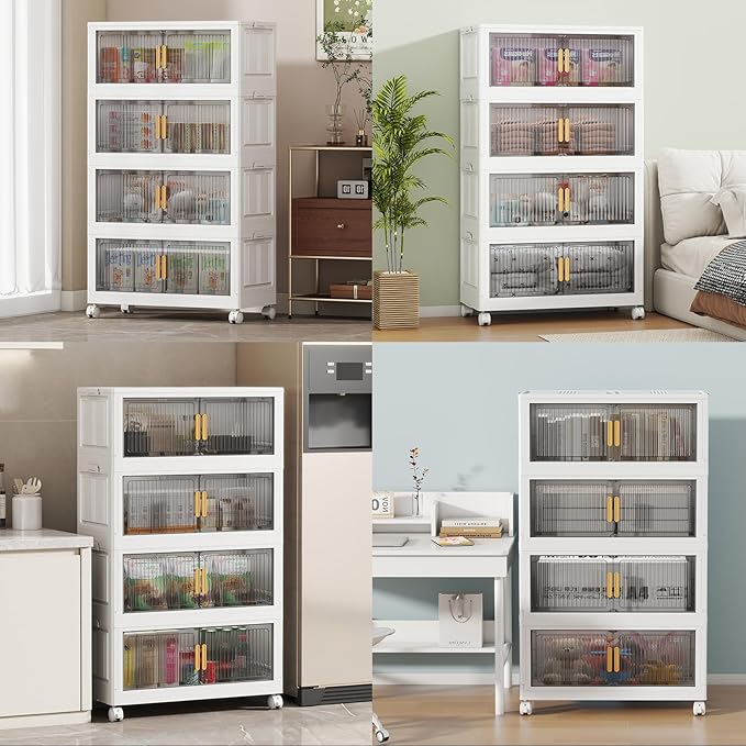 100Gal Stackable Plastic Storage Bins with Lids, Collapsible Closet Organizers and Storage with Wheels for Living Room,Office,Dorm, 30.5" W x 14.6" D x 60" H, 4 Tier