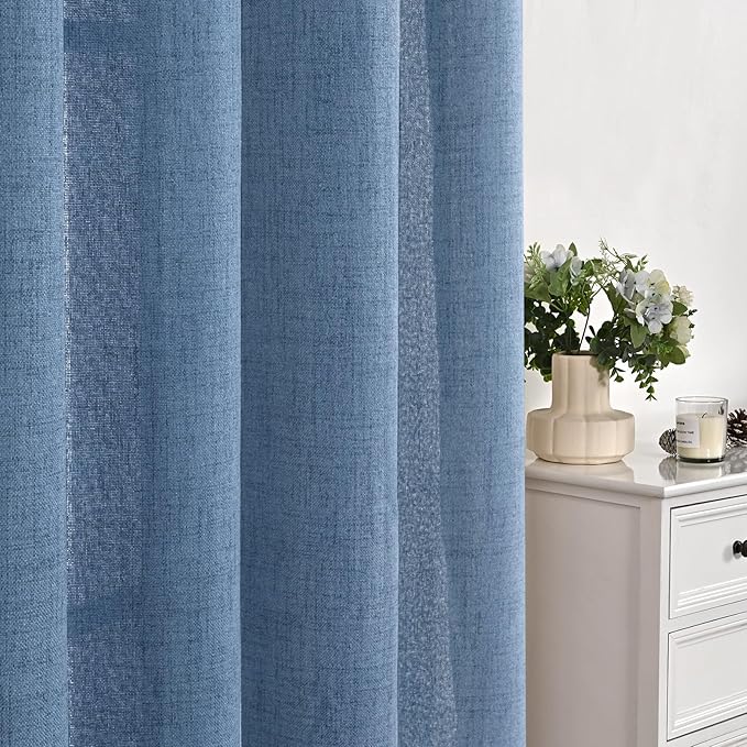 YoungsTex Denim Blue Linen Curtains 80 Inch Length for Living Room, Light Filtering Semi Sheer Window Drapes Rod Pocket Back Tab Curtain for Bedroom Dining Room Coastal Privacy, 2 Panels, 52 X 80 Inch
