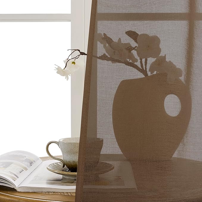 Tollpiz Sheer Door Curtains Closet Linen Textured Curtains Sheer Doorway Light Filtering Voile Rod French Door Pocket Curtain Patio Glass Door, 25 x 72 inches Long, Brown, Set of 1 Panel
