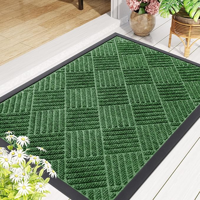 Smiry Front Door Mat Outside Entrance, Heavy Duty Outdoor Indoor Natural Rubber Doormat, Non Slip, Trap Dirt and Moisture, Easy Clean, Low Profile Patio Porch Entryway Mat, 47x32, Green