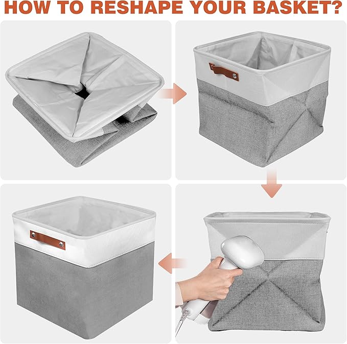 12in Open Fabric Storage Basket with Leather Handles for Organizing, Collapsible Linen Closet Bins for Shelves, Closets, Laundry, Decorative Basket for Gifts. (White&Gray, 3PCS/12x12in)