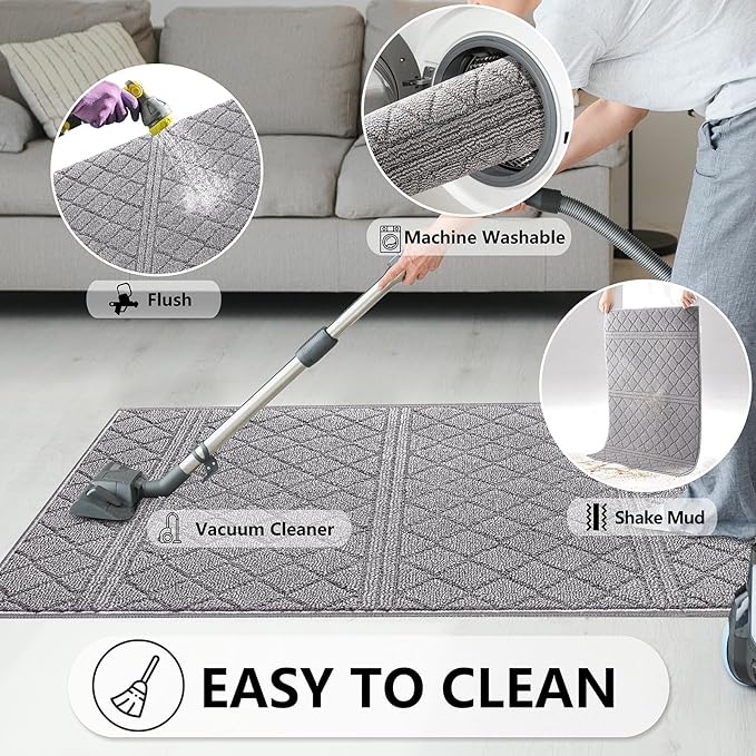 REFETONE Indoor Doormat, Front Back Door Mat 36"x59" Absorbent Rubber Backing Non Slip Door Mats, Low-Profile Resist Dirt Rugs, Machine Washable Door Rug Inside Floor Mat for Entryway, Light Grey