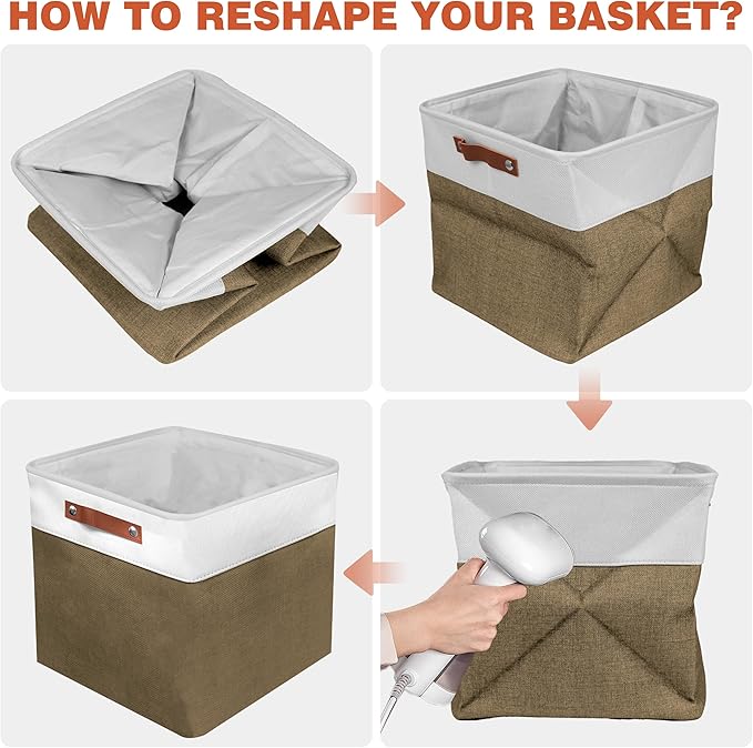 11in Open Fabric Storage Basket with Leather Handles for Organizing, Collapsible Linen Closet Bins for Shelves, Closets, Laundry, Decorative Basket for Gifts. (White&Brown, 2PCS/11x11in)