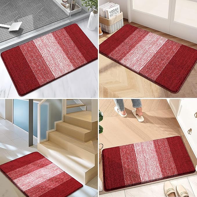 Kitinjoy Indoor Outdoor Door Mat, 30x17 Non-Slip Absorbent Dirt Trapper, Low-Profile Washable Inside Entrance Front Floor Mat, Sturdy Soft Entry Doormats for Entryway, Burgundy