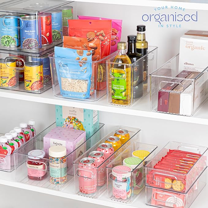 Plastic Food Storage 2 Pack Clear Container Bin with Handles for Organizing Kitchen, Pantry, Refrigerator, Freezer, Pantry, Cabinet, Closet, Bathroom. 16”x8”x5”