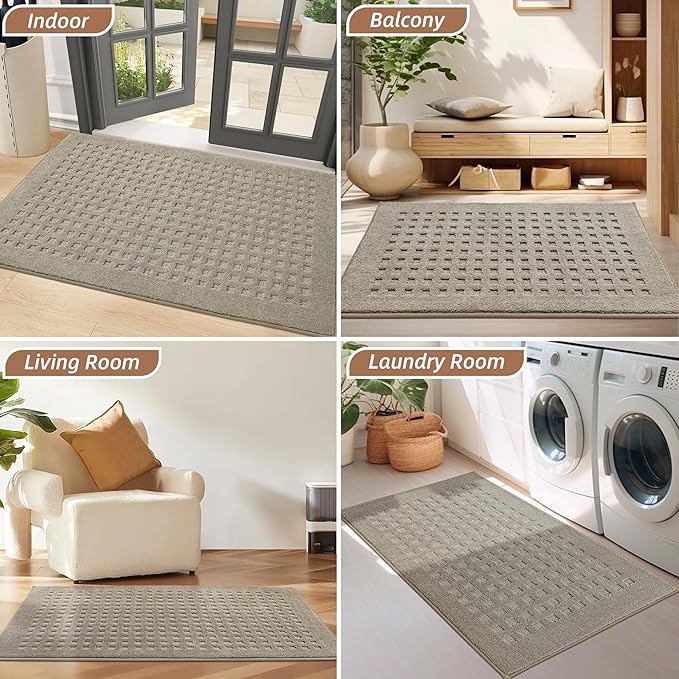 BEQHAUSE Waffle Door Mats Indoor 32"x48", Dog Mat for Muddy Paws Absorbent and Dirt Resist Floor Mats Non-Slip Washable Rugs for Entryway, Welcome Mat for Front Back Door, Muddy Wet Shoes, Beige