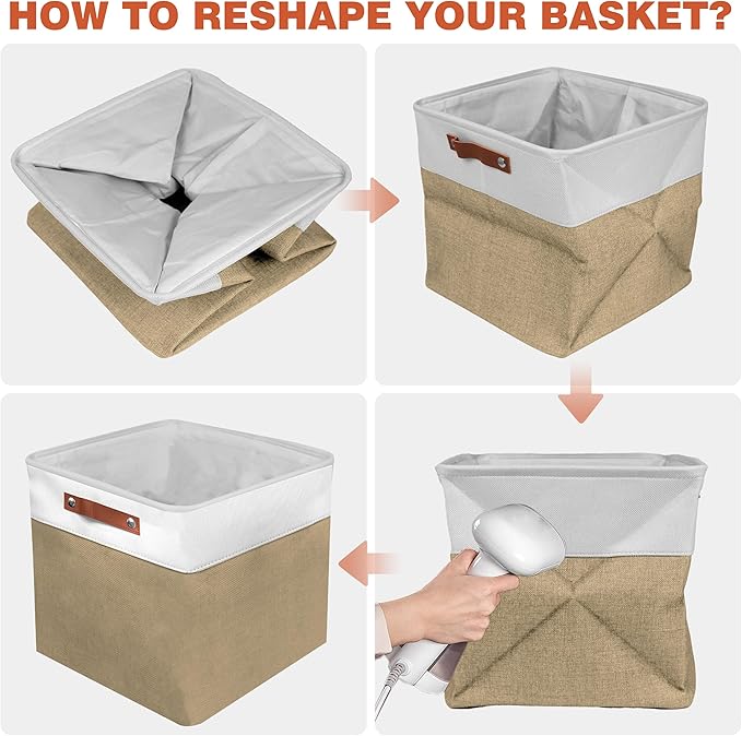 11in Open Fabric Storage Basket with Leather Handles for Organizing, Collapsible Linen Closet Bins for Shelves, Closets, Laundry, Decorative Basket for Gifts. (White&Khaki, 3PCS/11x11in)