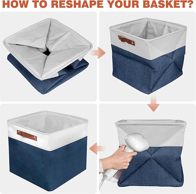 13in Open Fabric Storage Basket with Leather Handles for Organizing, Collapsible Linen Closet Bins for Shelves, Closets, Laundry, Decorative Basket for Gifts. (White&Blue, 3PCS/13x13in)