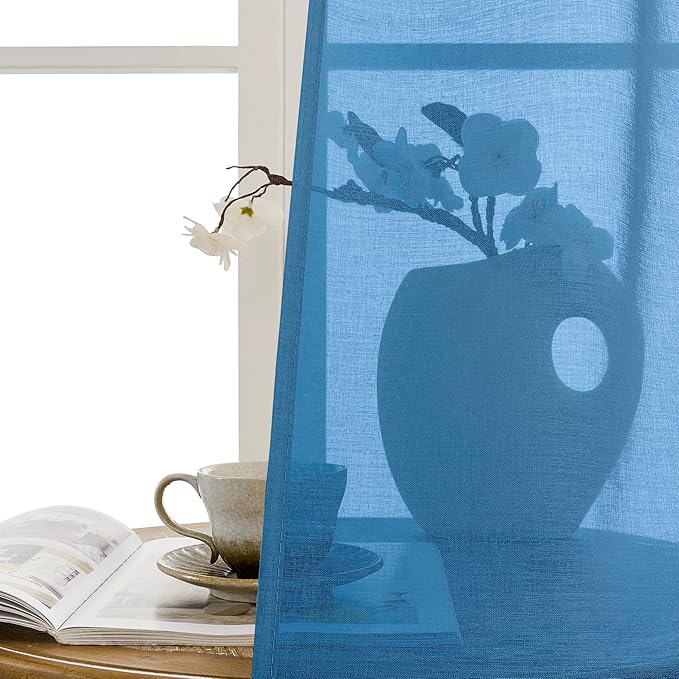 Tollpiz Short Sheer Door Curtains Closet Linen Textured Curtains Sheer Doorway Light Filtering Voile Patio Glass Door Rod Pocket Curtain French Door, 54 x 40 inches Long, Classic Blue, Set of 1 Panel
