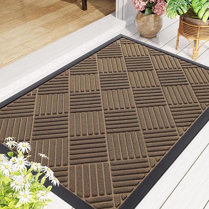 Smiry Front Door Mat Outside Entrance, Heavy Duty Outdoor Indoor Natural Rubber Doormat, Non Slip, Trap Dirt and Moisture, Easy Clean, Low Profile Patio Porch Entryway Mat, 47x17, Brown