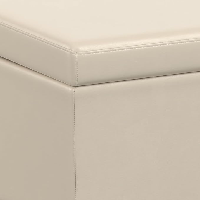 SIMPLIHOME Avalon 54 inch Wide Contemporary Rectangle Extra Large Storage Ottoman Bench in Satin Cream PU Faux Leather, Assembled, for The Living Room, Entryway and Family Room