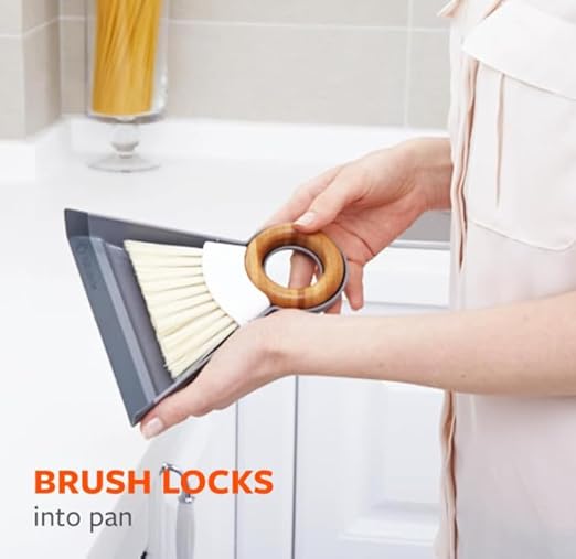 Full Circle Tiny Team Mini Compact Brush & Dustpan Set, Portable Handheld Broom for Quick Cleanups, Ideal for Home, Bathroom, Kitchen Countertops. Bamboo Hand Broom & Small Crumb Sweeper, White