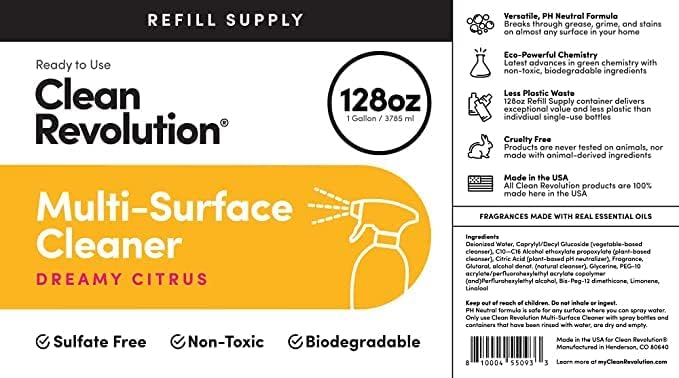 Clean Revolution Multi Surface Cleaner Refill Supply, Non-Toxic, Eco-Friendly & Plant-Based, Ready to Use, Dreamy Citrus, 128 Fl Oz (Pack of 4)