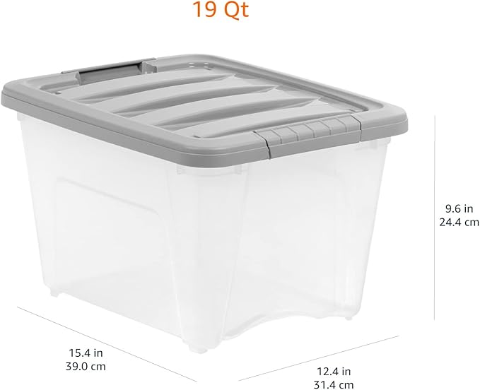 Amazon Basics Plastic Storage Containers with Secure Latching Lids, Stackable Organization Bins, Clear/Grey, 19 Quart, Set of 6