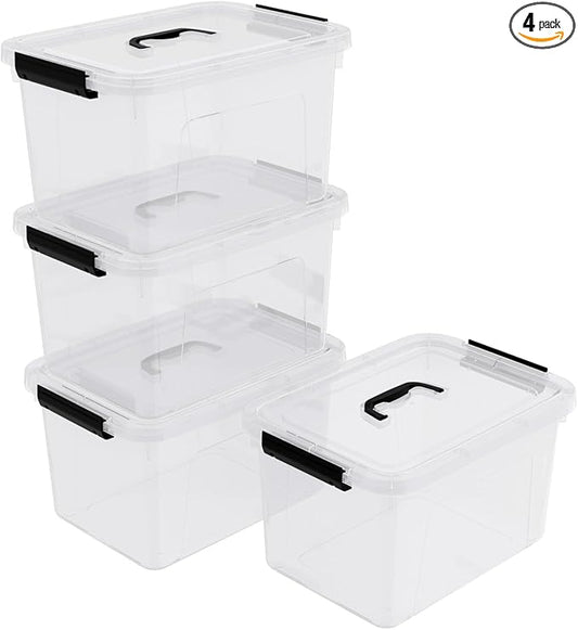 10.5 L Clear Latch Storage Bin with Lid, 4 Packs Plastic Organizing Box with Black Handle