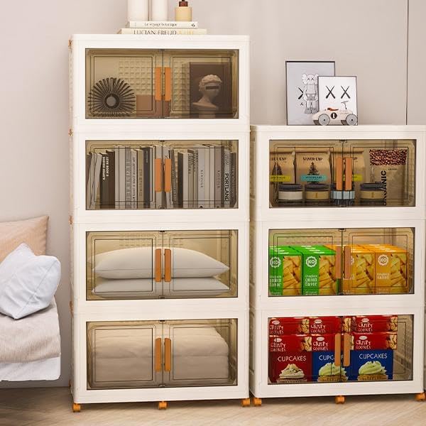 Plastic Stackable Storage Bins with Lids and Wheels, Foldable Closet Organizers and Storage Containers for Bathroom, Collapsible Clear Drawer Storage Cabinet with Doors White 45Gal 2Tiers