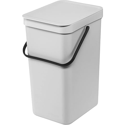 Brabantia Sort & Go Kitchen Recycling Can (4.2 Gal/Light Gray) Stackable Waste Organiser with Handle & Removable Lid, Easy Clean, Fixtures Included for Wall/Cupboard Mounting