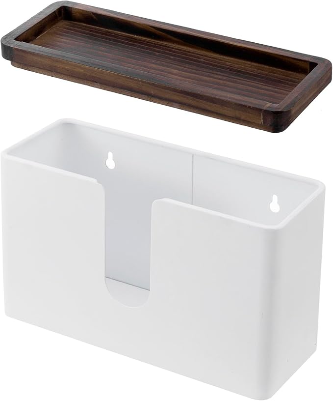 MyGift Deluxe Modern Matte White Metal Folded Commercial Paper Towel Holder with Rustic Burnt Solid Wood Tray Lid, Wall Mounted Trifold Multifold Z Fold Disposable Napkin Dispenser
