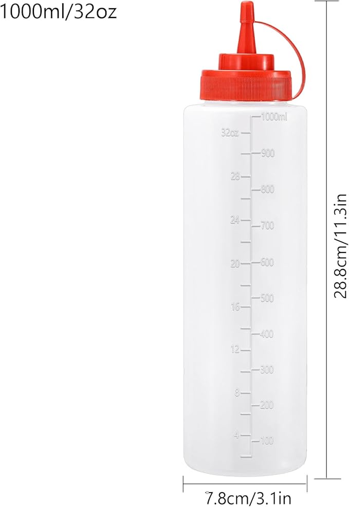 Condiment Squeeze Bottles Ketchup Dispenser, 6 Pack 32oz Squeeze Bottles for Liquids, Plastic Sauce Bottle with Cap Lid, Squirt Bottles for Sauces Liquids BBQ Dressing Pancake Art