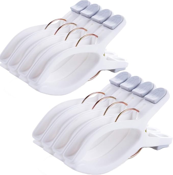 8 Pack Beach Towel Clips for Beach Chairs White Jumbo Size Towel Clamps Lounge Pool Chairs Plastic Clothes Pegs Hanging Clip Clamps Large for Cruise Vacation