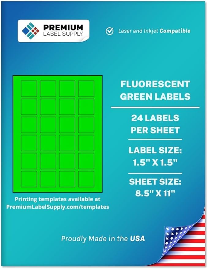 Premium Label Supply Bright Neon Color Fluorescent Sticker Labels - 1.5" x 1.5" Square Labels - (Fluorescent Green, 600 Labels)