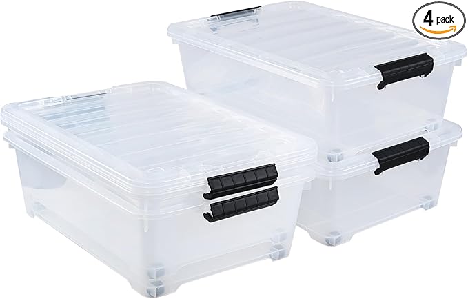 20 Quart Under Bed Plastic Storage Bins, 4-Pack Clear Under Bed Storage Box with Wheels