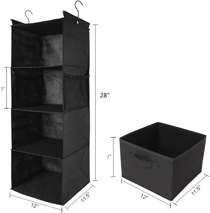 MAX Houser 4-Shelf Hanging Closet Organizer, Space Saver, Cloth Hanging Shelves with 2 Side Pockets, Foldable (Black)