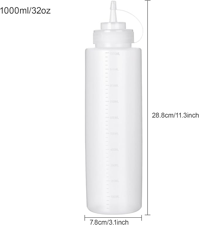 Squeeze Bottles for Sauces 2 Pack, 32 Ounce 1000ml Plastic Dressing Squirt Bottles with Cap Lids, Condiment Bottle for Liquids BBQ Dressing Pancake Art Dispenser