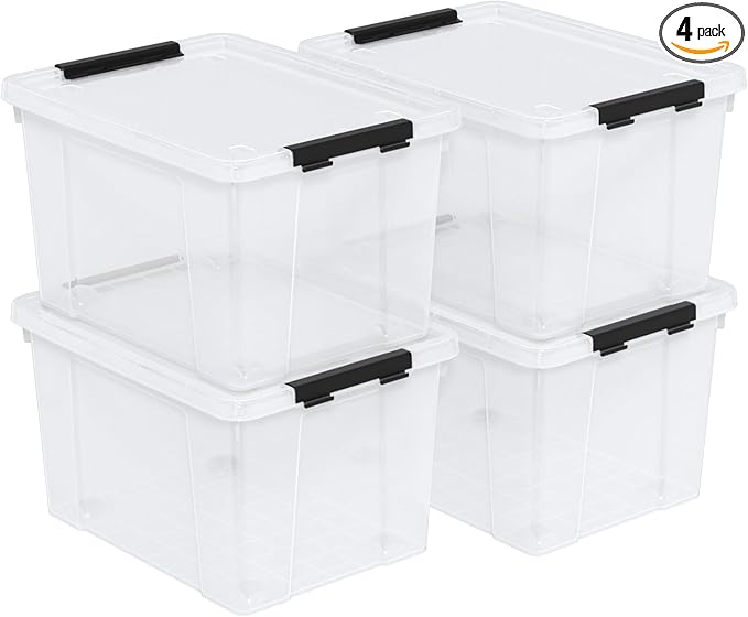 Set of 4 34 L Stackable Plastic Storage Bins with Latching Lids and Wheels, Clear Home Organization Container Box, See-Through