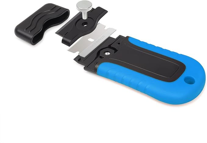 Gomake Razor Blade Scraper Tool with Blade Storage Container, Glass Cooktop Stove Scraper with 10PCS Stainless Steel Blades for Glass Clean,Paint,Old Label,Decal Sticker,Adhesive Remover (Blue)