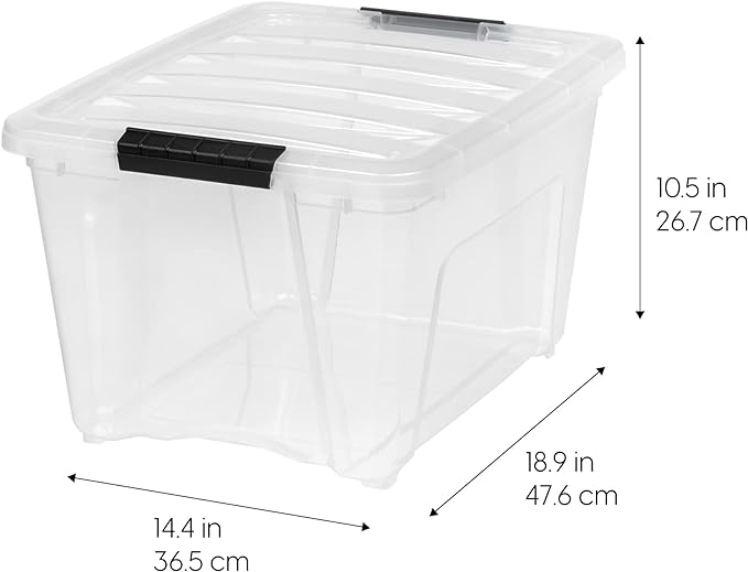 IRIS USA 32 Qt Stackable Plastic Storage Bins with Lids, 4 Pack - BPA-Free, Made in USA - See-Through Organizing Solution, Latches, Durable Nestable Containers, Secure Pull Handle - Clear