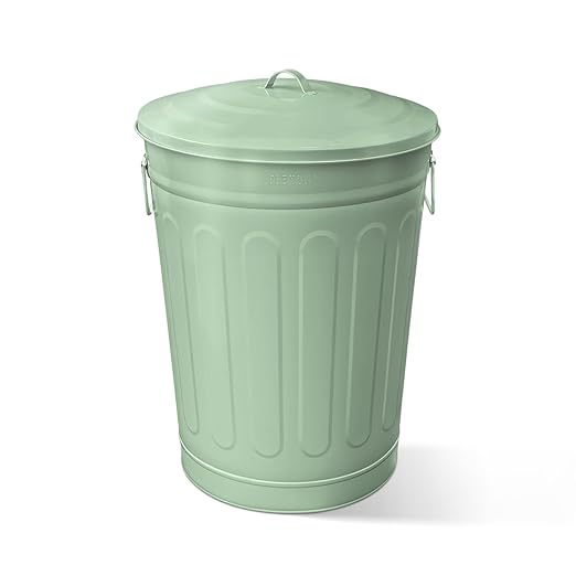 Plexon Round Trash Can 13 Gallon, Vintage Metal Outdoor Trash Can with Lid, Retro Farmhouse Garbage Container, Old School Modern Ash Bucket, Green