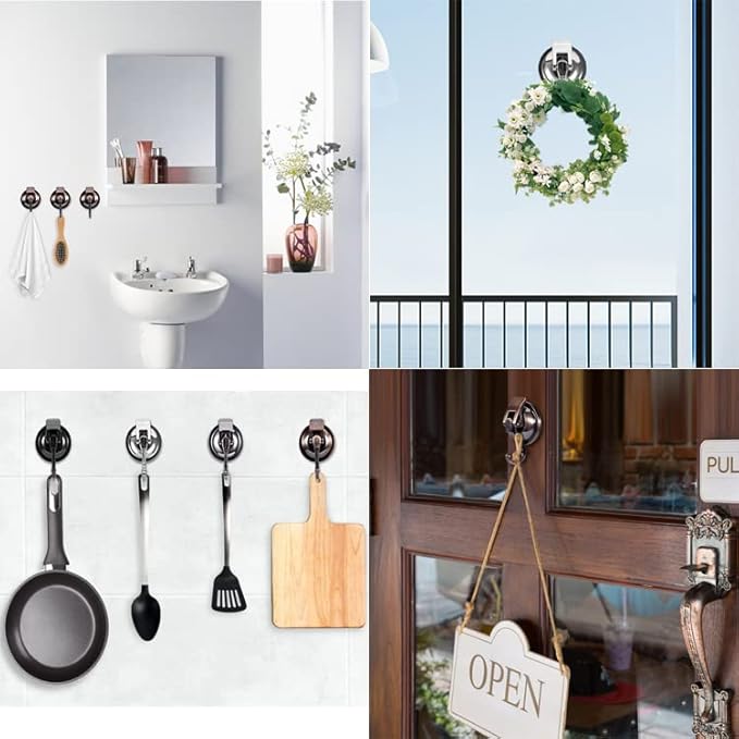 Wreath Cup Hook, Easy to Install and Remove, No Hole Punched,Black- Plated Plished Super Suction Hanger for Kitchen，Bathroom and Restroom,4Pack
