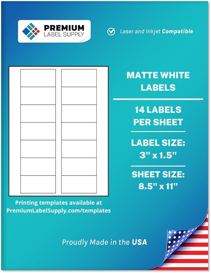 Premium Label Supply White Sticker Bottle Labels – 3" x 1.5" – Laser/Inkjet Compatible – (14 per Sheet), 500 Sheets – 7000 Total Adhesive Labels