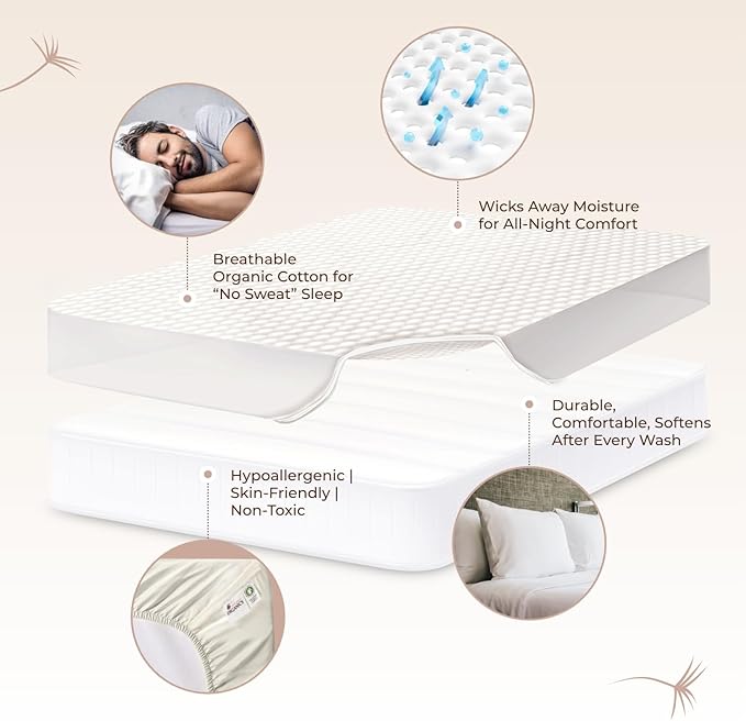 100% Cotton Organic Mattress Pad - Breathable & Cooling Mattress Protector Cal King - Premium 300GSM Quilted and Noiseless Machine Washable Organic Mattress Protector (Ivory, Cal King)