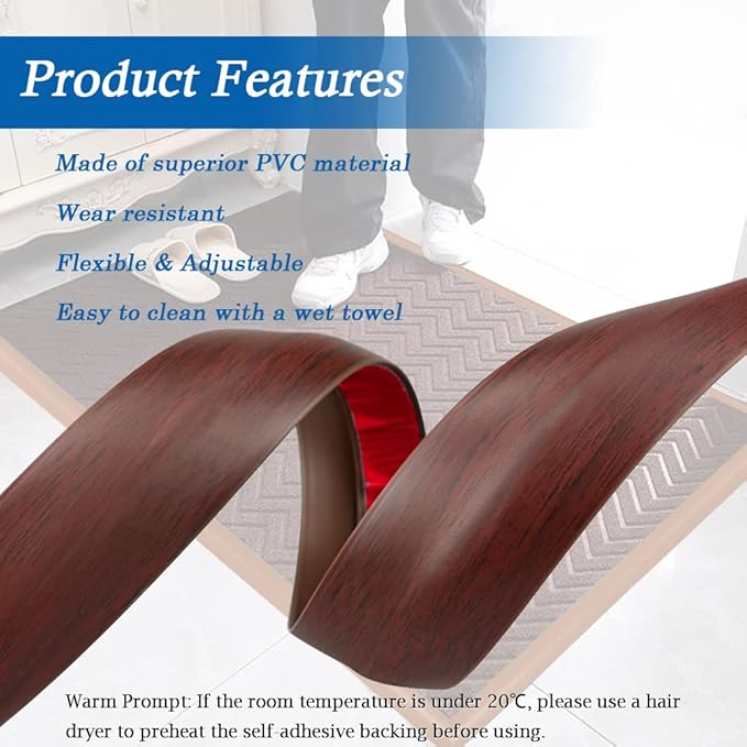 Floor Transition Strip Self Adhesive Carpet & Flooring Transitions Edging Trim Strip PVC Threshold Transitions Suitable for Threshold Height Less Than 5mm (10Ft, Wood Grain Coffee)
