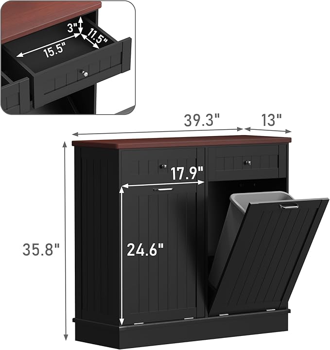 Betterhood Tilt Out Trash Cabinet 10 Gallon Wooden Free Standing Laundry Sorter Cabine,Recycling Cabine with Hideaway Drawer,Tilt Out Trash Cabinet Can Bin Kitchen
