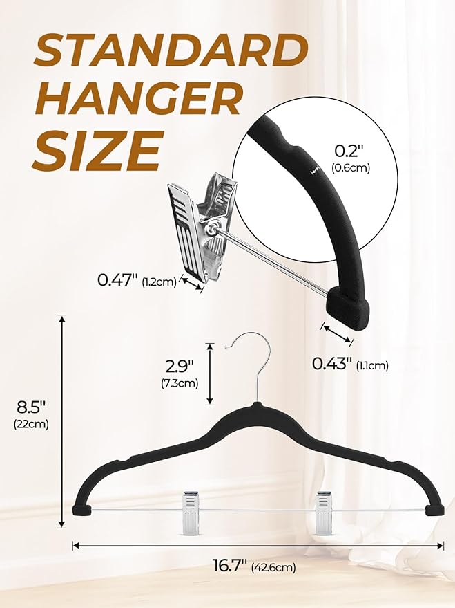 HOUSE DAY Black Velvet Skirt Hangers 48 Pack, Pant Hanger with Adjustable Clips, Space Saving Non Slip Clip Hangers for Pants, Skirts, Shorts