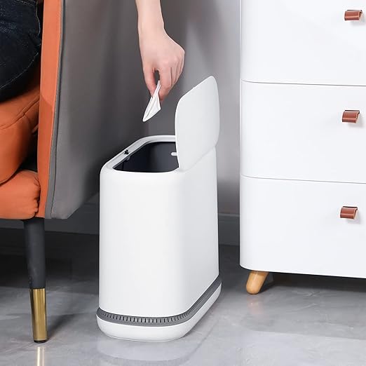 JOYBOS Adsorption Bathroom Trash Can,Bedroom Garbage Can with Press Type Lid,15L Dogproof Slim Plastic Narrow Trash Bin,4 Gallon Garbage Bin for Home,Office and Narrow Place