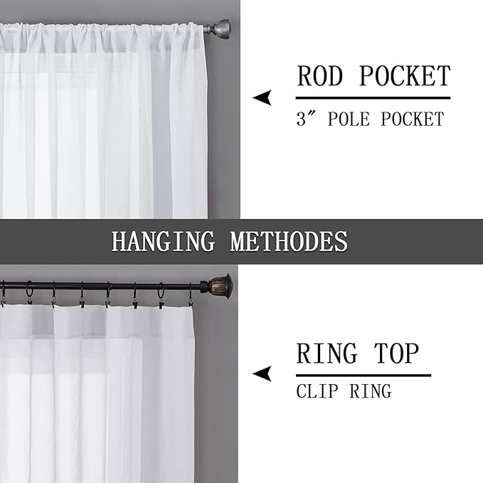 Tollpiz Sheer Curtain Linen Textured Bedroom Curtains Sheer Light Filtering Rod Pocket Voile Curtain for Living Room, 54 x 95 inches Long, White, Set of 2 Panels