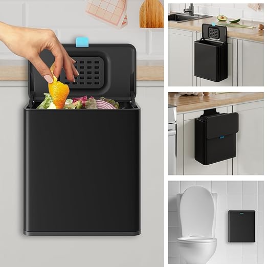 Stainless Steel Hanging Trash Can with Lid and Inner Bucket, 2 Gallon Kitchen Compost Bin for Counter Top, Under Sink or Wall Mount, Small Garbage Can for Cupboard/Bathroom/Bedroom/RV, Black