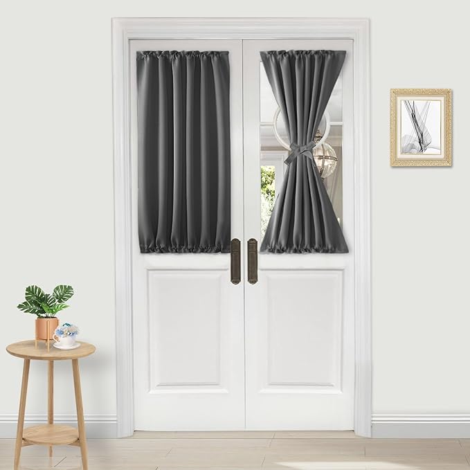 DWCN French Door Curtains – Rod Pocket Thermal Blackout Curtain for Doors with Glass Window, Kitchen and Patio Doors for Privacy, 25 X 40 Inch Length, 1 Curtain Panel with Tieback, Dark Grey